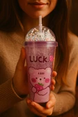 Çocuklar İçin Sevimli Renkli Boncuklu Luck BearTasarımlı Pipetli İçecek Bardağı Suluk Mor 2093 thumbnail 2