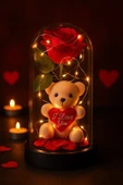 Dekoratif Tasarım Fanus LED Işıklı Kırmızı Gül I Love You Ayıcık Sevgiliye Romantik Aşk Hediye Seti thumbnail 2