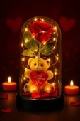 Dekoratif Tasarım Fanus LED Işıklı Kırmızı Gül I Love You Ayıcık Sevgiliye Romantik Aşk Hediye Seti thumbnail 4