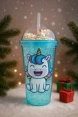 Renkli Boncuklu Unicorn Tasarımlı Pipetli İçecek Bardağı Çocuklar İçin Sevimli Suluk Mavi 2646 thumbnail 1