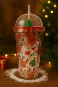 Sevimli Geyikli Kar Tanesi Noel Ağacı Desenli Süslemeli Renkli Pipetli Kupa Bardak Suluk 450ML 2768C - 2