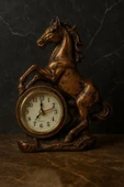Dekoratif Şık Aksesuar Gösterişli Kahve Siyah At Heykeli Ev Ofis Masaüstü Saati Lüks Tasarım 19x15CM thumbnail 3