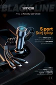 Black Line 60W Araç İçi Şarj Aleti, 5 Port, Spiral Kablolu, Type-C Micro USB Lightning Uyumlu - 3