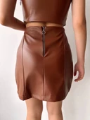 Beş düğmeli oval deri etek kahve h240068 thumbnail 3