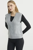 V Yaka Saç Örgü Triko Süveter - Gri thumbnail 3