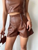 Çift fermuarlı deri şort kahve h24394 thumbnail 7