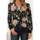 Lucky Life Lucky Life Kadın Uzun Kollu Kruvaze Yakalı Kelebek Desenli şardonlu Dalgıç Bluz - 6