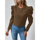 Lucky Life Kadın Uzun Kollu önden Fermuarlı Balon Kol Süet Ceket - 3