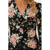 Lucky Life Lucky Life Kadın Uzun Kollu Kruvaze Yakalı Kelebek Desenli şardonlu Dalgıç Bluz - 1