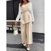 Lucky Life Lucky Life Kadın Uzun Kollu Açık Yakalı çift Renkli Kemerli Ithal Krep Ikili Takım - 3