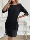 Lucky Life Kadın Uzun Kollu Bisiklet Yaka Deri Detaylı Ithal Krep Elbise thumbnail 6