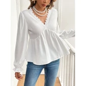 Lucky Life Lucky Life Kadın Uzun Kollu V Dantel Yaka Aerobin Bluz - 4