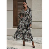 Lucky Life Kadın Uzun Kollu Kruvaze Yaka Beli Lastikli Uzun Desenli Maxi Elbise - 3