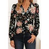 Lucky Life Lucky Life Kadın Uzun Kollu Kruvaze Yakalı Kelebek Desenli şardonlu Dalgıç Bluz - 5