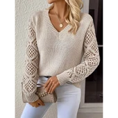 Lucky Life Lucky Life Kadın Uzun Kollu V Yaka Kol Delikli Baklava Desen Detaylı Triko Kazak - 2