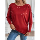 Lucky Life Kadın Uzun Kollu Yuvarlak Yaka Incili Viskon Bluz - 1