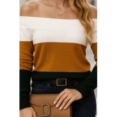 Lucky Life Lucky Life Kadın Uzun Kollu Omuzlardan Açık Uzun Kollu Blok çizgili Triko Bluz - 1