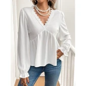 Lucky Life Lucky Life Kadın Uzun Kollu V Dantel Yaka Aerobin Bluz - 1