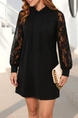 Lucky Life Kadın  Uzun Kollu Kolları Dantel Detaylı Kapşonlu Bağcıklı Kısa Viskon Iki Iplik Elbise thumbnail 3