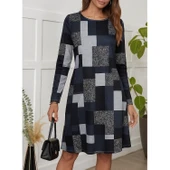 Lucky Life Kadın Uzun Kollu Yuvarlak Yaka Geometrik Süprem Elbise thumbnail 2