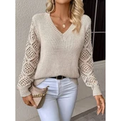 Lucky Life Lucky Life Kadın Uzun Kollu V Yaka Kol Delikli Baklava Desen Detaylı Triko Kazak - 3