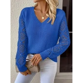 Lucky Life Lucky Life Kadın Uzun Kollu V Yaka Kol Delikli Baklava Desen Detaylı Triko Kazak - 7