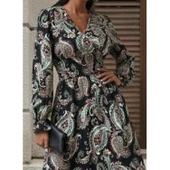 Lucky Life Kadın Uzun Kollu Kruvaze Yaka Beli Lastikli Uzun Desenli Maxi Elbise - 1