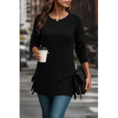 Lucky Life Kadın Uzun Kollu Yuvarlak Yakalı Yanlardan Bağcıklı Triko Bluz - 2