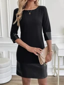 Lucky Life Kadın Uzun Kollu Bisiklet Yaka Deri Detaylı Ithal Krep Elbise thumbnail 4