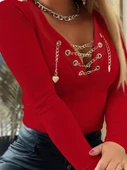 Lucky Life Kadın  Uzun Kollu V çapraz Zincir Detaylı Kaşkorse Bluz thumbnail 2