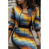 Lucky Life Kadın Uzun Kollu Askılı Yuvarlak Yaka Desenli Dalgıç Bluz Ceket Ve Etek üçlü Takım thumbnail 1