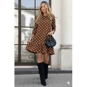 Lucky Life Kadın Uzun Kollu Bisiklet Yaka Fırfırlı Puantiyeli Kısa Modal Elbise thumbnail 3