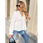 Lucky Life Lucky Life Kadın Uzun Kollu V Dantel Yaka Aerobin Bluz - 2