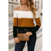 Lucky Life Lucky Life Kadın Uzun Kollu Omuzlardan Açık Uzun Kollu Blok çizgili Triko Bluz - 3