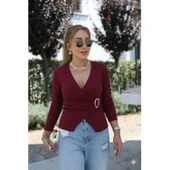 Lucky Life Kadın Uzun Kollu Kruvaze Yakalı Toka Detaylı Viskon Bluz - 1