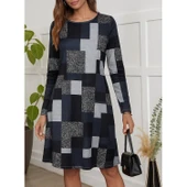 Lucky Life Kadın Uzun Kollu Yuvarlak Yaka Geometrik Süprem Elbise thumbnail 3