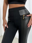 Lucky Life Kadın Yüksek Bel Yan şerit Deri Detay Fermuarlı Dalgıç Tayt thumbnail 5