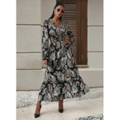 Lucky Life Kadın Uzun Kollu Kruvaze Yaka Beli Lastikli Uzun Desenli Maxi Elbise - 2