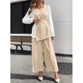 Lucky Life Lucky Life Kadın Uzun Kollu Açık Yakalı çift Renkli Kemerli Ithal Krep Ikili Takım - 2