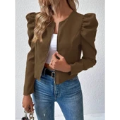 Lucky Life Kadın Uzun Kollu önden Fermuarlı Balon Kol Süet Ceket - 2