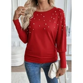 Lucky Life Kadın Uzun Kollu Yuvarlak Yaka Incili Viskon Bluz - 2