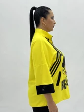 Büyük Beden Mickey Baskılı Taş Detaylı Hakim Yaka Fermuarlı Kadın Sweat thumbnail 5