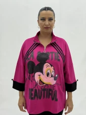 Büyük Beden Mickey Baskılı Taş Detaylı Hakim Yaka Fermuarlı Kadın Sweat thumbnail 6