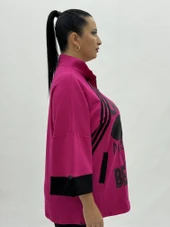 Büyük Beden Mickey Baskılı Taş Detaylı Hakim Yaka Fermuarlı Kadın Sweat thumbnail 10