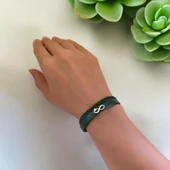 14 Ayar Altın Plakalı Ay Yıldız Temalı Sonsuzluk Motifli Doğal Koyu Yeşil Derili Hediye Bileklik-782 thumbnail 2