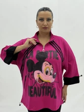 Büyük Beden Mickey Baskılı Taş Detaylı Hakim Yaka Fermuarlı Kadın Sweat thumbnail 7