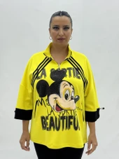 Büyük Beden Mickey Baskılı Taş Detaylı Hakim Yaka Fermuarlı Kadın Sweat thumbnail 1