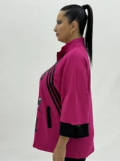 Büyük Beden Mickey Baskılı Taş Detaylı Hakim Yaka Fermuarlı Kadın Sweat thumbnail 8