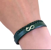 14 Ayar Altın Plakalı Ay Yıldız Temalı Sonsuzluk Motifli Doğal Koyu Yeşil Derili Hediye Bileklik-782 thumbnail 3