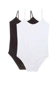 2 Adet Battal Beden İp Askılı Kadın Çıtçıtlı Body Siyah Beyaz - 2